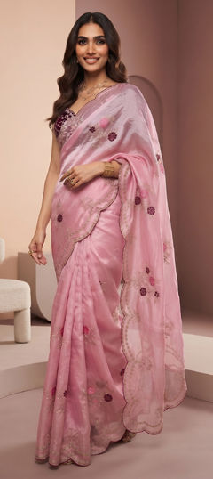 Pink and Majenta color Saree in Tissue fabric with Embroidered work