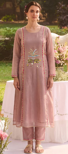 Pink and Majenta color Salwar Kameez in Tissue fabric with Bugle Beads, Embroidered, Sequence work