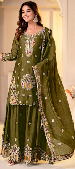Green color Salwar Kameez in Crushed Silk fabric with Embroidered, Sequence work