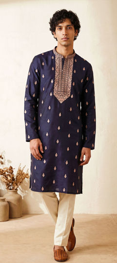 Blue color Kurta Pyjamas in Roman Silk fabric with Embroidered work