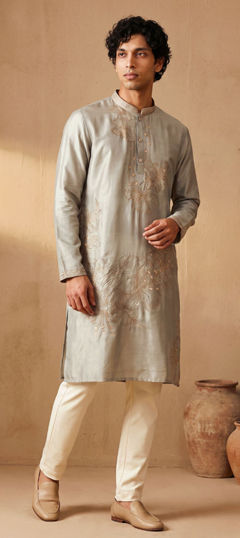Black and Grey color Kurta Pyjamas in Silk fabric with Embroidered work