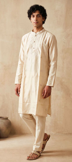 Beige and Brown color Kurta Pyjamas in Silk fabric with Embroidered work