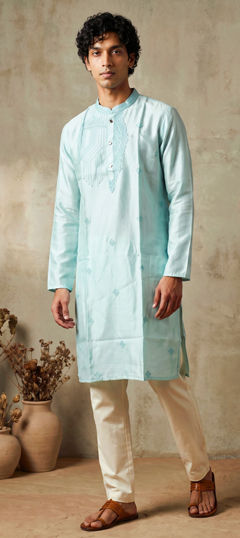 Blue color Kurta Pyjamas in Silk fabric with Embroidered work