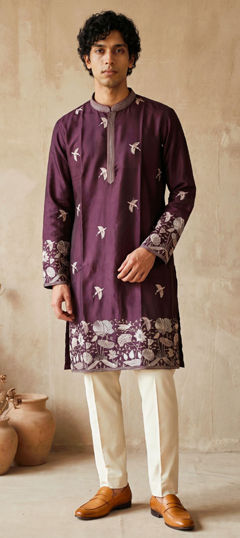 Purple and Violet color Kurta Pyjamas in Silk fabric with Embroidered work