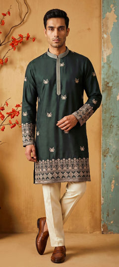 Green color Kurta Pyjamas in Silk fabric with Embroidered work