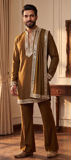 Beige and Brown color Kurta Pyjamas in Silk fabric with Embroidered, Mirror work