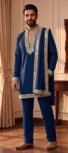Blue color Kurta Pyjamas in Silk fabric with Embroidered, Mirror work