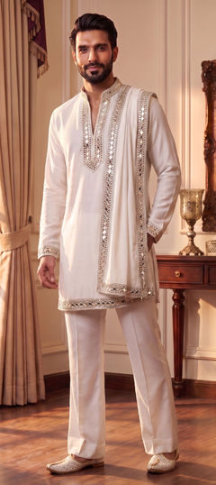 White and Off White color Kurta Pyjamas in Silk fabric with Embroidered, Mirror work