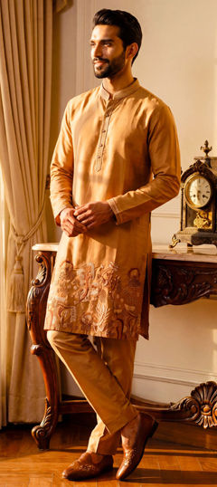 Beige and Brown color Kurta Pyjamas in Linen fabric with Cut Dana, Embroidered, Sequence work