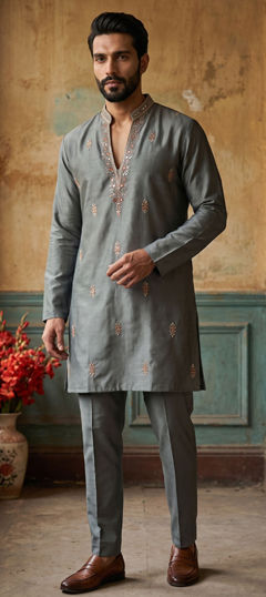 Black and Grey color Kurta Pyjamas in Silk fabric with Embroidered, Sequence work