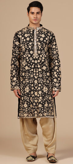 Black and Grey color Kurta Pyjamas in Chanderi fabric with Aari, Mirror, Sequence work