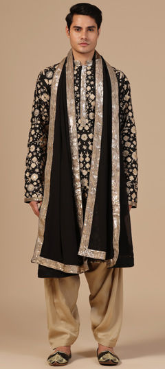 Black and Grey color Kurta Pyjamas in Chanderi fabric with Aari, Mirror, Sequence work