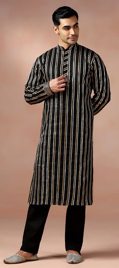 Black and Grey color Kurta Pyjamas in Cotton fabric with Gota Patti work