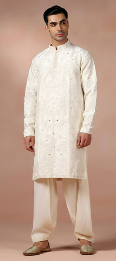 White and Off White color Kurta Pyjamas in Chanderi fabric with Mirror work