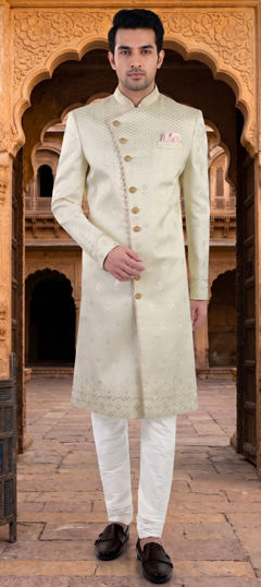 White and Off White color Sherwani in Brocade fabric with Embroidered work