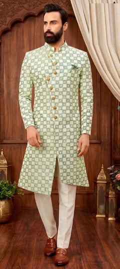 White and Off White color Sherwani in Jacquard fabric with Printed work
