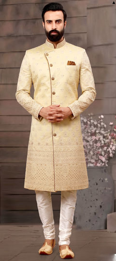 Yellow color Sherwani in Brocade fabric with Embroidered work
