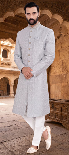Black and Grey color Sherwani in Brocade fabric with Weaving work