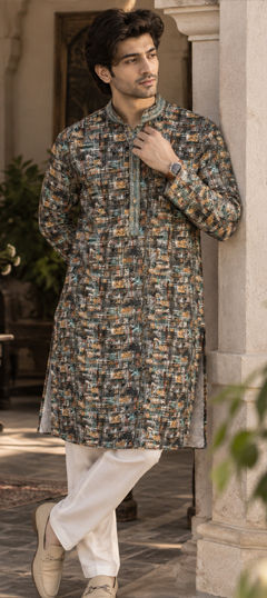 Yellow color Kurta Pyjamas in Cotton fabric with Embroidered, Printed work