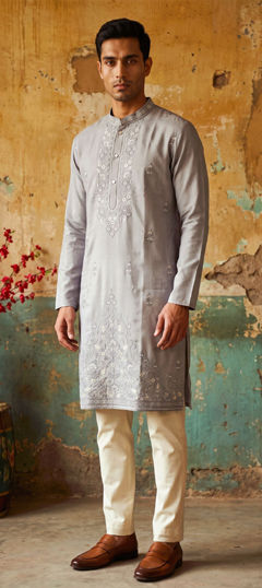 Black and Grey color Kurta Pyjamas in Silk fabric with Embroidered work