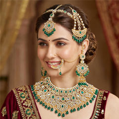 Gold Rodium Polish Green color Necklace in Metal Alloy studded with CZ Diamond, Pearl