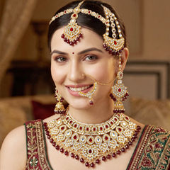 Gold Rodium Polish Red and Maroon color Necklace in Metal Alloy studded with CZ Diamond, Pearl