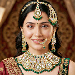 Gold Rodium Polish Green color Necklace in Metal Alloy studded with CZ Diamond, Pearl