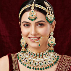 Gold Rodium Polish Green color Necklace in Metal Alloy studded with CZ Diamond, Pearl