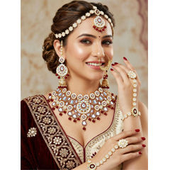 Gold Rodium Polish Red and Maroon color Necklace in Metal Alloy studded with CZ Diamond, Pearl