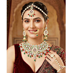 Gold Rodium Polish Multicolor color Necklace in Metal Alloy studded with CZ Diamond, Pearl