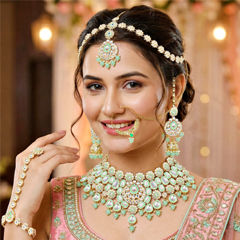 Gold Rodium Polish Green color Necklace in Metal Alloy studded with CZ Diamond, Pearl