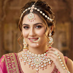Gold Rodium Polish Pink and Majenta color Necklace in Metal Alloy studded with CZ Diamond, Pearl