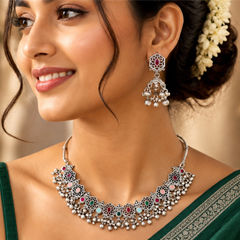 Silver Rodium Polish Multicolor color Necklace in Metal Alloy studded with CZ Diamond, Kundan