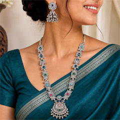 Silver Rodium Polish Multicolor color Necklace in Metal Alloy studded with CZ Diamond, Kundan