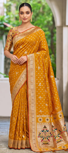 Yellow color Saree in Silk fabric with Weaving work