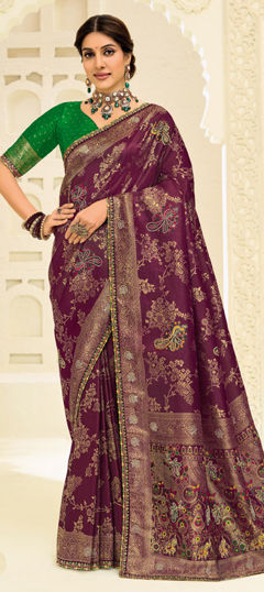 Purple and Violet color Saree in Silk fabric with Lace, Moti, Sequence, Weaving work