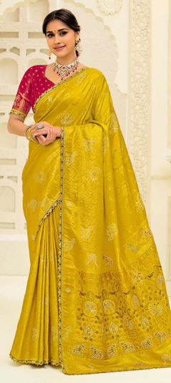 Yellow color Saree in Silk fabric with Lace, Moti, Sequence, Weaving work