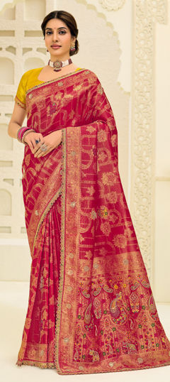 Pink and Majenta color Saree in Silk fabric with Lace, Moti, Sequence, Weaving work