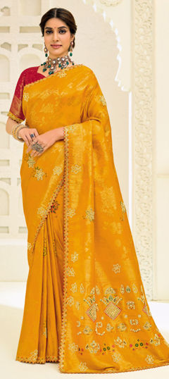 Yellow color Saree in Silk fabric with Lace, Moti, Sequence, Weaving work