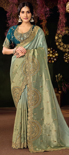 Blue color Saree in Silk fabric with Embroidered, Mirror, Sequence, Zari work