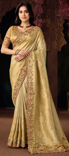 Gold color Saree in Silk fabric with Embroidered, Sequence, Thread work