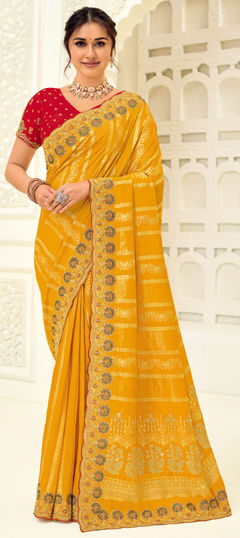 Yellow color Saree in Silk fabric with Embroidered, Sequence, Thread, Zari work