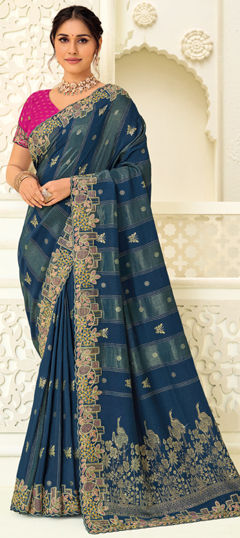 Blue color Saree in Silk fabric with Embroidered, Sequence, Thread, Zari work