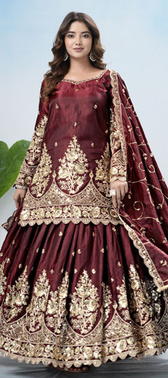 Red and Maroon color Long Lehenga Choli in Silk fabric with Embroidered, Sequence work