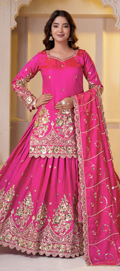Pink and Majenta color Long Lehenga Choli in Silk fabric with Embroidered, Sequence work