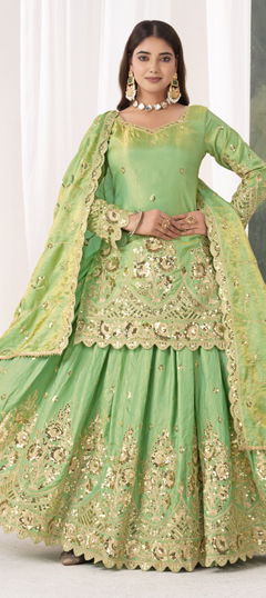 Green color Long Lehenga Choli in Silk fabric with Embroidered, Sequence work