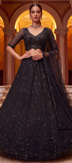 Black and Grey color Lehenga in Net fabric with Bugle Beads, Cut Dana, Sequence work