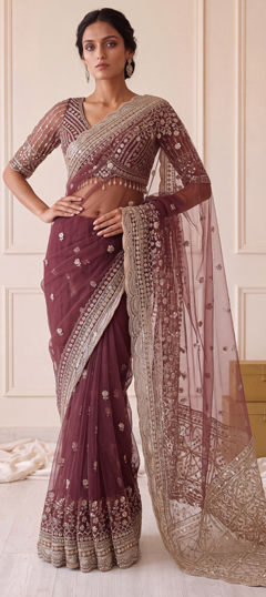 Purple and Violet color Saree in Net fabric with Embroidered, Sequence work