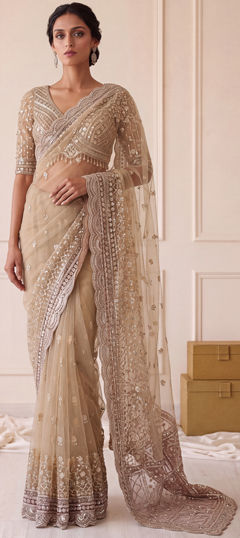 Beige and Brown color Saree in Net fabric with Embroidered, Sequence work