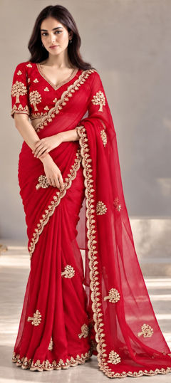 Red and Maroon color Saree in Chiffon fabric with Embroidered, Sequence work